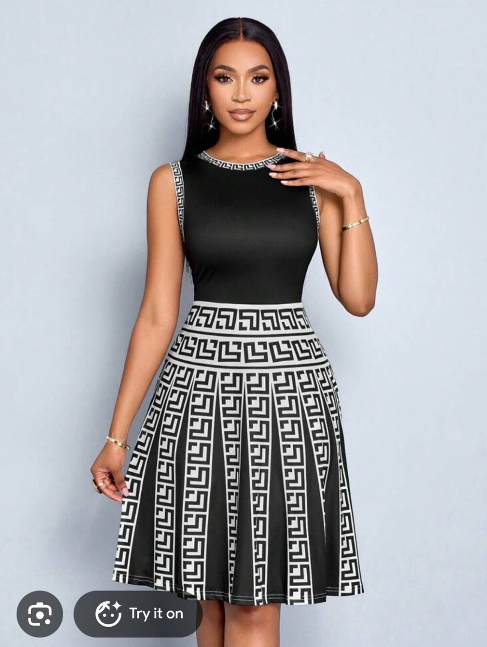 Dress with Black Greek Key Trim Small